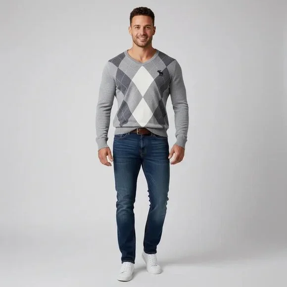 Abercrombie & Fitch Gray Argyle Moose Logo V-Neck Pullover Sweater Men's Size XL - Picture 1 of 9